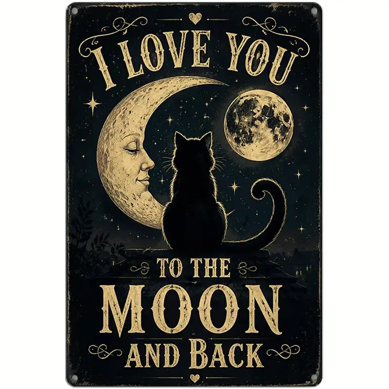 Vintage Distressed Metal Tin Sign - "I Love You To The Moon And Back" Romantic Black Cat Moon Quote Wall Decor, Gold Celestial Star Night Sky Plaque for Witchy Cat Lovers, Room Gift for Anniversary Valentine's Day