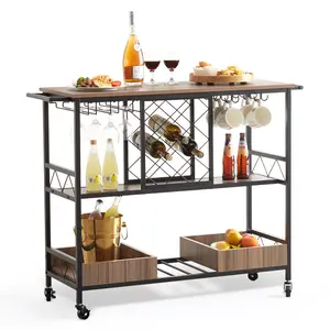 VEVOR 3-Tier Bar Serving Cart Rolling Trolley with Wine Grid Glass Holder 300LBS Organiser Racks