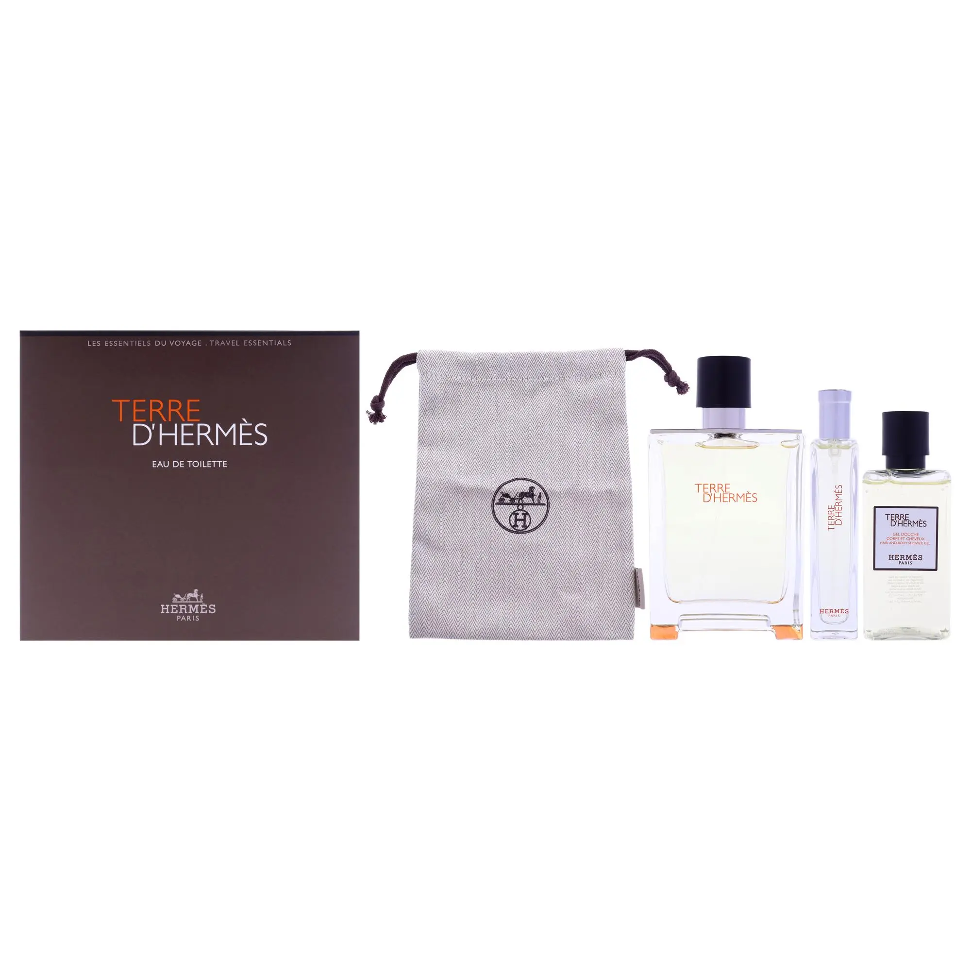 Terre DHermes by Hermes for Men - 4 Pc Gift Set 3.3oz EDT Spray, 0.5oz EDT Spray, 1.35oz Hair And Body Shower Gel, Pouch