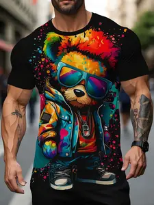 Men's Street Style Graphic Print Short Sleeve T-Shirt, Loose-Fitting Casual Fashion Tee, Unique Bear Head Design, No Collar