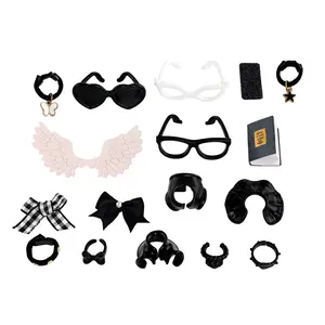 16 PCS Mini Fashion Pet Shop Figures Accessories Set, Black & White Gothic Style Tiny Glasses, Wings, Hair Bows, Rings, Bracelets & Mini Props, Doll Dress Up Outfit Decor Kit for Small Size Fashion Doll Customization