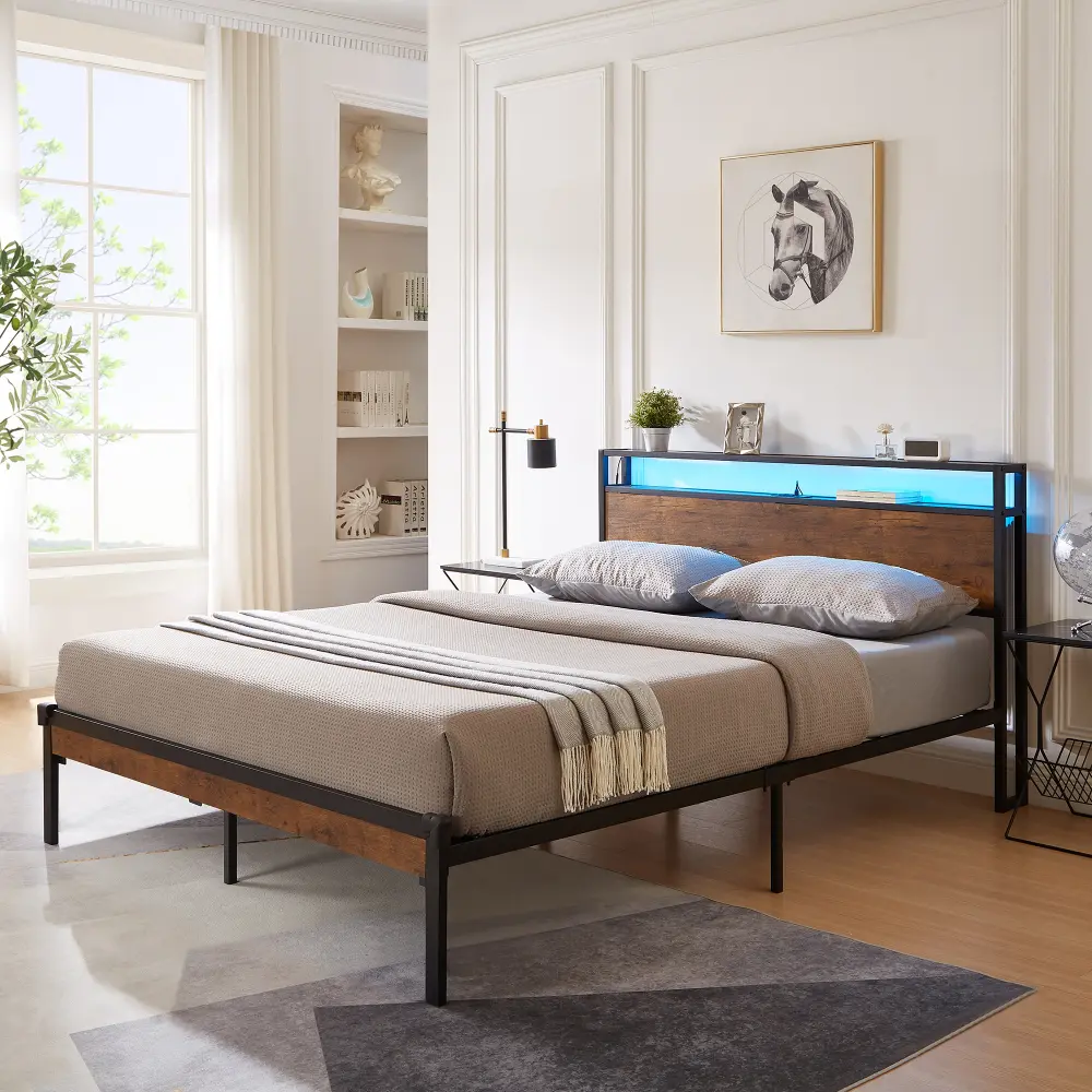 Queen Size Framed Metal Platform Bed Frame - Minimal Style, Wooden Headboard & Footboard, Multiple USB Charging Ports, LED Lights w/Remote Control, 600 lbs Capacity, No Box Spring Needed, Large Storage, Easy Assembly