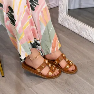 Millie - Front Strap Cushioned Comfortable Insole Slide Sandals Flat Platform Design Comfortable with Gold Tone Beach Charms for Women