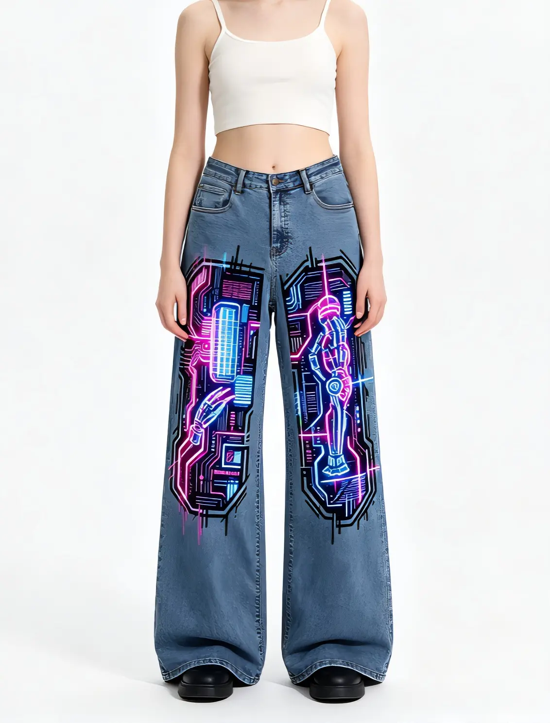 Neon Cyberpunk Design Wide Leg Jeans for Women with Futuristic Patterns and Bold Colors