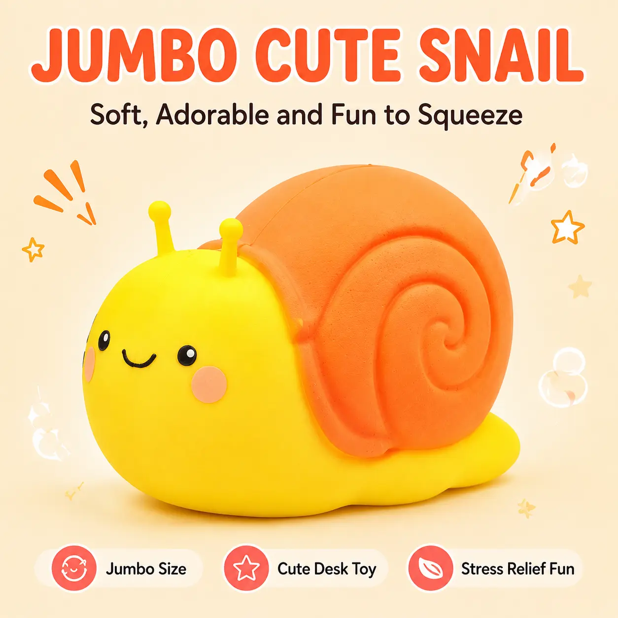Jumbo Cute Snail Squishy Toy, Soft, Squeeze Sensory Fidget Toy, Stress Relief Desk Toy & Gift