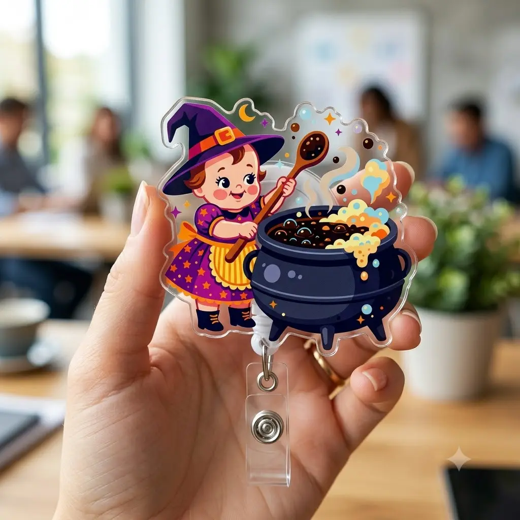 Cute Witch Brewing Potion Badge Reel – Halloween Cauldron Retractable ID Holder – Nurse & Healthcare Worker Gift