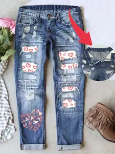 Women's Boyfriend Style Jeans Valentine's Day Ripped Design Heart Print and Patchwork Loose Fit Elastic Waistband Button Breathable Denim Fabric