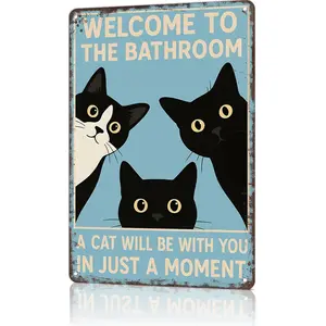 Vintage Black Cat Metal Sign-"Welcome To The Bathroom A Cat Will Be With"Funny Tin Signs Poster For Bathroom Home Dorm Decor 8 X 12 Inch Hanging