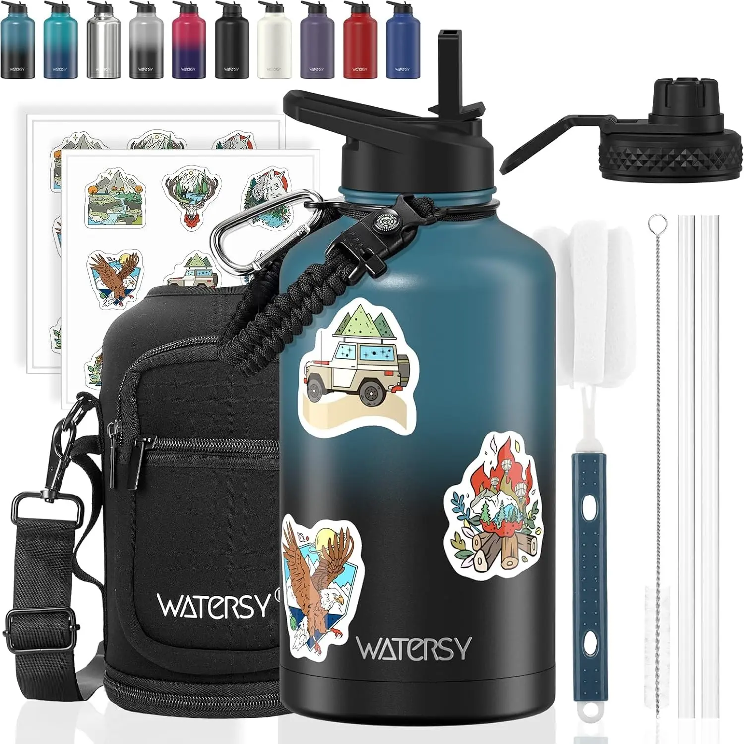 64oz Insulated Water Bottle (Cold for 48 Hrs),BPA Free&Leak Proof,Half Gallon Stainless Steel Water Flask,Water Jug with Straw Spout Lids for Gym,Hiking,Camping,Black Blue Gift