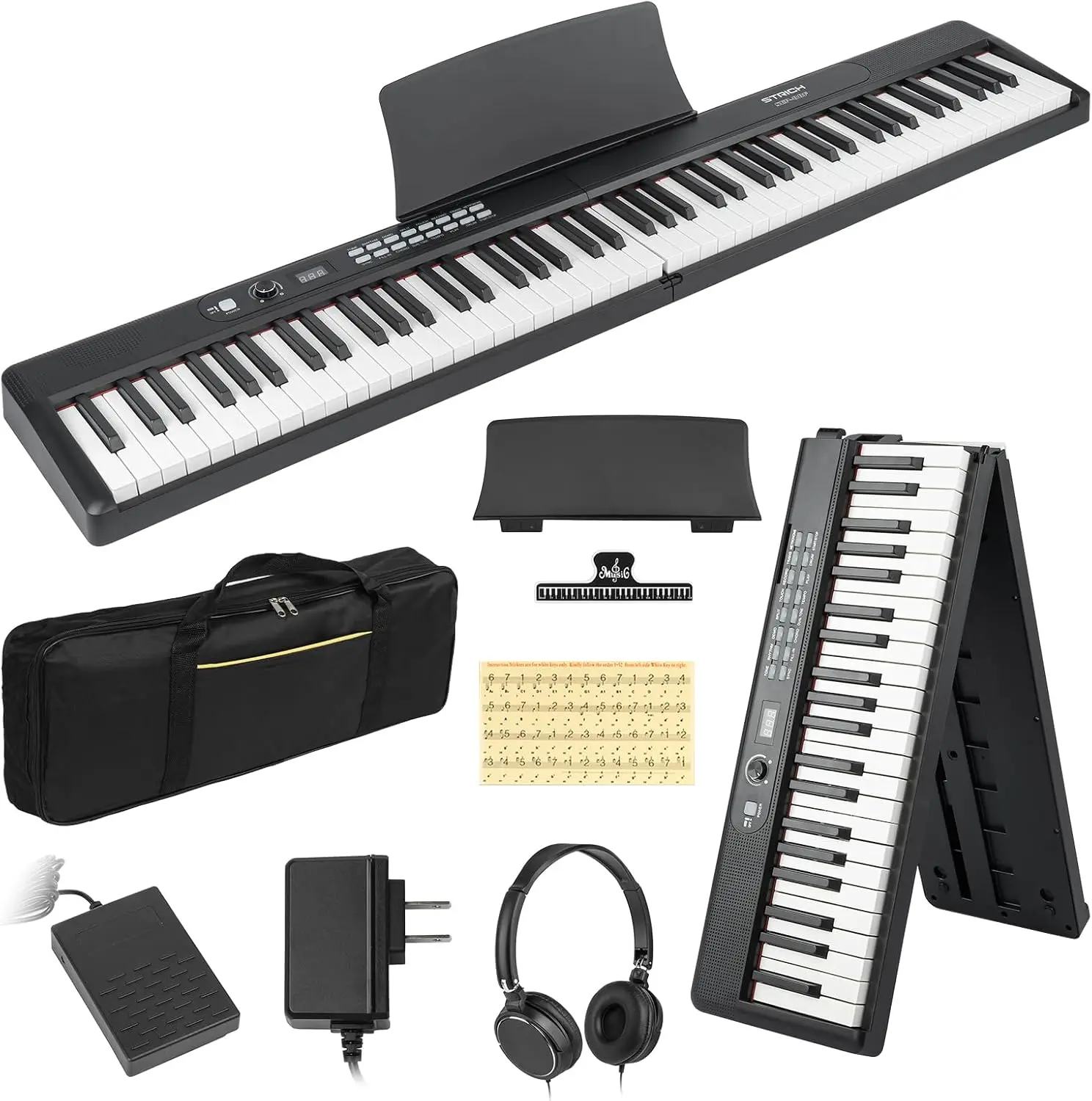 STRICH 88 Key Digital Piano Foldable Full Size Electric Keyboard with Semi-Weighted Sensitive Keys, Portable Piano Set for Beginner, Bundle with Sustain Pedal, Headphones, Music Rest, Black, SEP-88F