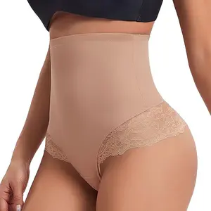 High-Waisted Tummy Control Shaping Thongs - Contrast Lace Trim Compression Slimmer Panties with Butt Lifting & Body Contouring, High Support Shapewear for Women, Breathable Lace Underwear, Tummy Control Underwear