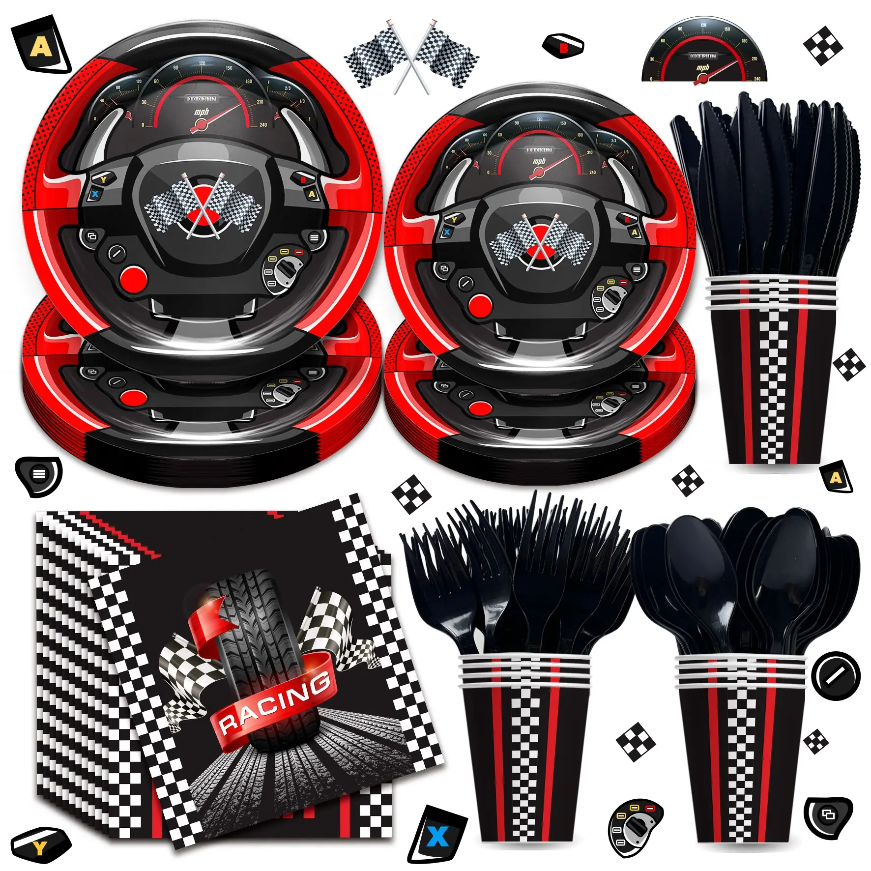 168pcs Race Car Disposable Party Supplies Kit - Plastic Dessert Cups, 9in/7in Dinner Plates, Forks, Spoons, Knives, Napkins - Boys Birthday Decorations - Serves 24 Guests