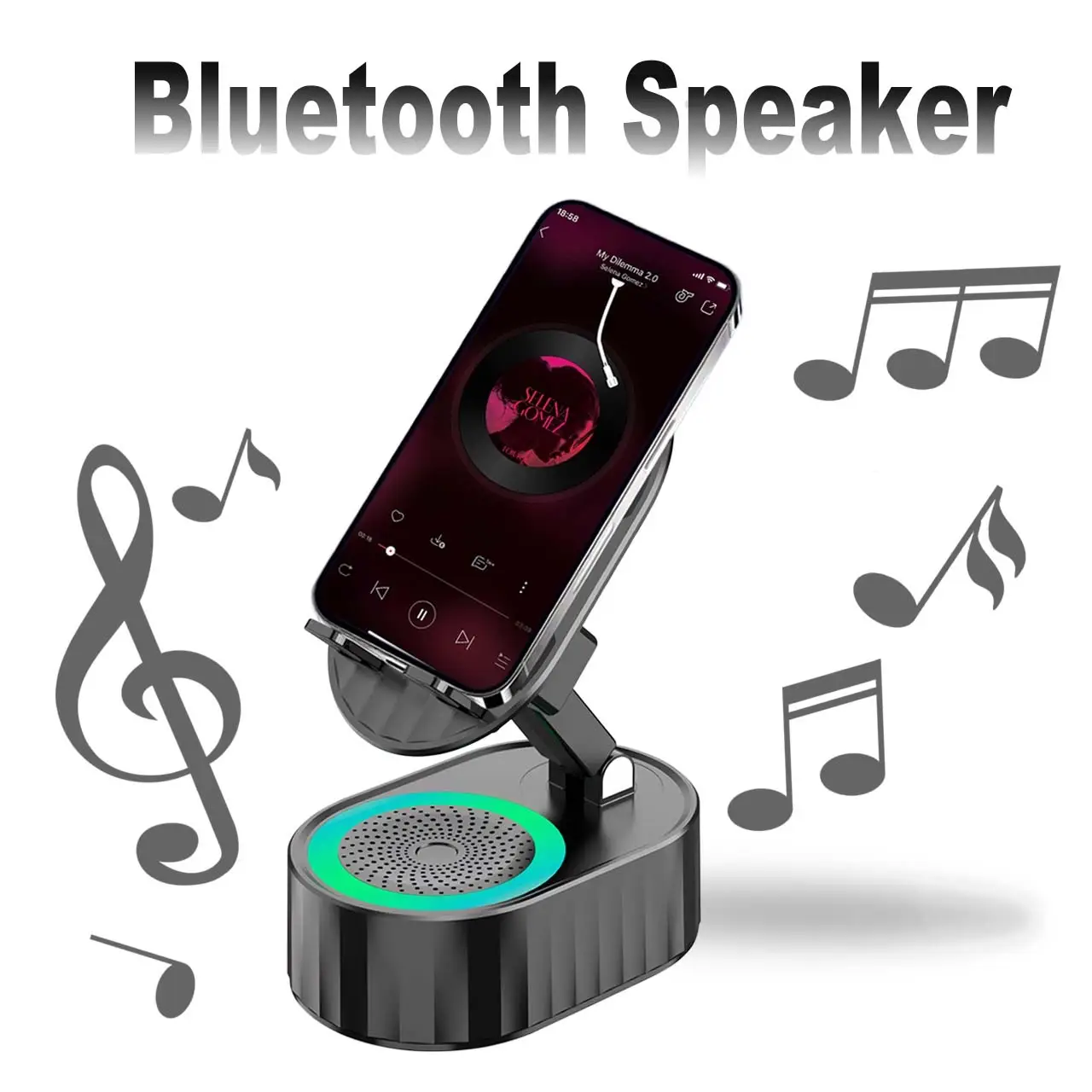 5in1 Wireless Speaker Cell Phone Stand with Bluetooth/Induction Audio & Atmosphere Light/Power Bank, 5.3 HD Surround Subwoofer Sound,300° Rotable Fold
