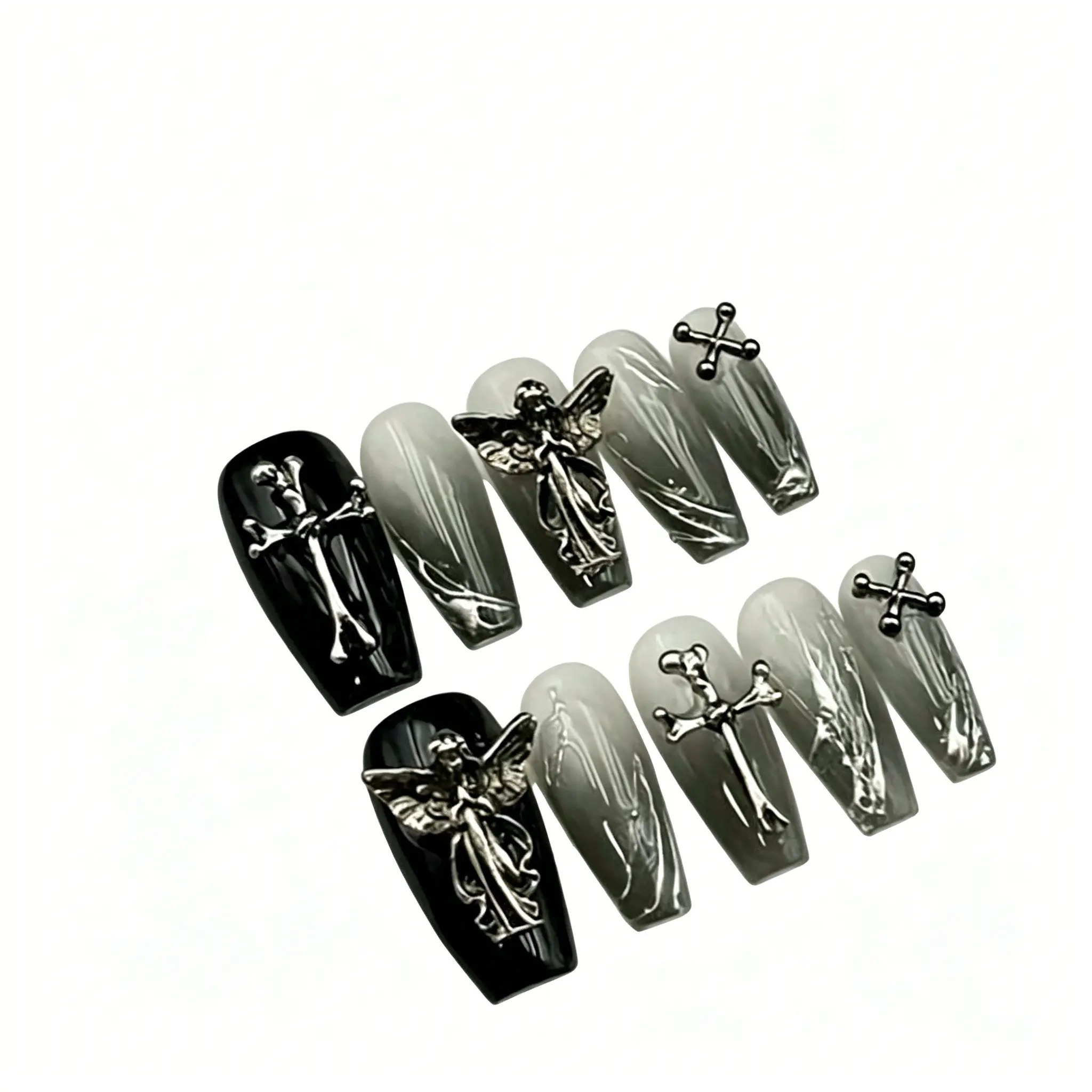 Gothic Style Gradient Press-On Nails, 3D Angel & Cross Charms, Glossy Long Coffin Fake Nails, Handmade Ballet Shape Design, Decorative Nails, Nail Decoration, Nail Art, DIY Nails, Unique Finish