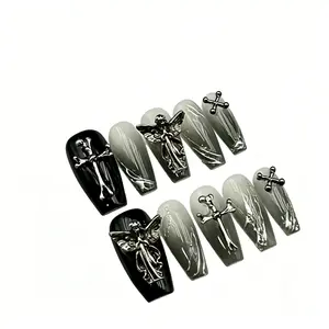 Gothic Style Gradient Press-On Nails, 3D Angel & Cross Charms, Glossy Long Coffin Fake Nails, Handmade Ballet Shape Design, Decorative Nails, Nail Decoration, Nail Art, DIY Nails, Unique Finish