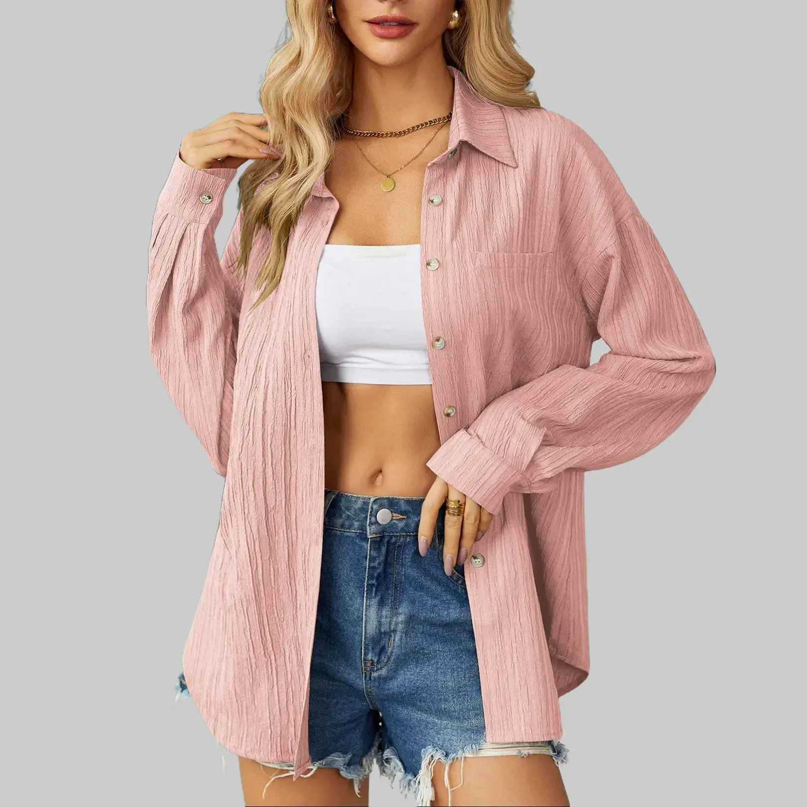Women's Collared Stretchy 95% Polyester Long-Sleeve Plain Blouse - Button Closure, Textured Woven Fabric, Flap Pocket, Minimalist Design, Loose-Fitting, Dress Casual Going Out Wardrobe Staple