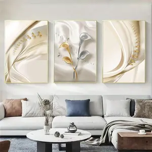 3pcs Modern Minimalist Living Room Sofa Background Wall Decorative Art Modern Abstract Art Luxurious High-End Feel Gold Floral Unframed Art Print Poster Bedroom Frameless Canvas Painting