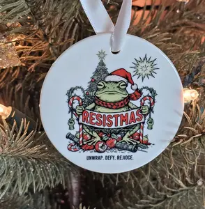 Resistmas Political Frog Ceramic Christmas Ornament Gift - Unique & Humorous Design - Perfect for Christmas Enthusiasts - Ideal Gift for Friends & Family - 2.75 x 2.9 x .125 inches