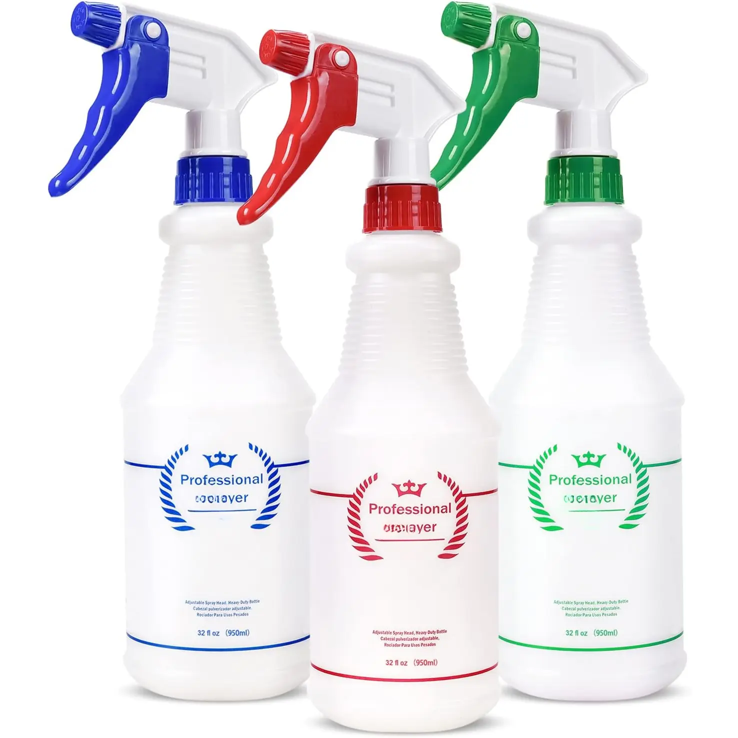 Plastic Spray Bottle (3 Pack, 32 Oz, 3 Colors) Heavy Duty All-Purpose Empty Spraying Bottles Leak Proof Commercial Mist Water Bottle for Cleaning Solutions  Pet with Adjustable Nozzle