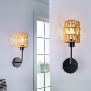 Garwarm Rattan Wall Mounted Lighting Set of 2, 2 Lights Wall Sconces Lamp Fixture Industrial Hang Lights Room Wall Lamp Farmhouse Indoor Wall Lights for Bedroom Living Room(No E26 Bulb) Decorative Design