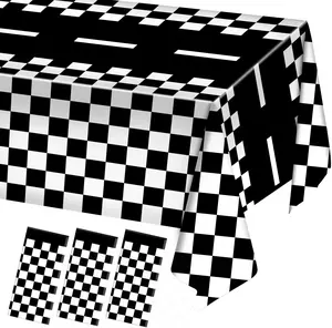 3 Packs Checkered Race Car Party Tablecloths Black and White Checkered Stripes Theme Party Touchdown Table Cover for Motor Racing Birthday Party Decorations Supplies Racing Party Favor, 54" x 108"