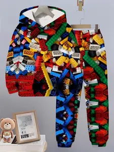 Boys' Six Seven Kid Sweet Fun Colorful Creative Print Hoodie Set, Trendy Kids 3D Full-Print Hooded Sweatshirt, Casual Fitted Short Pants