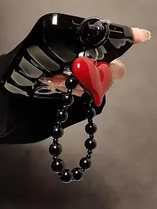Red Heart Black Bead Mobile Phone Lanyard - Keychain Accessories, Suitable For Decorating Phone Cases, Wallets, Heart-Shaped Design, Fashionable Lanyard, Accessories, Cell Phone Charm, Fashion Enthusiasts, Phone Charms