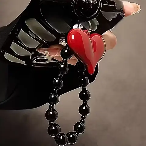 Red Heart Black Bead Mobile Phone Lanyard - Exquisite And Creative Keychain Accessories, Phone Accessory, Suitable For Decorating Phone Cases, Wallets, And Keychains, Heart-Shaped Design, Fashion Enthusiasts, Phone Charm, Phone Ornament