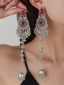 Indian Jhumka Earrings for Women, Silver Tone Long Tassel Dangle Earrings, Rhinestone Boho Statement Earrings for Wedding Party Festival, Bohemian Earrings, Drop Earrings, Earrings Dangling