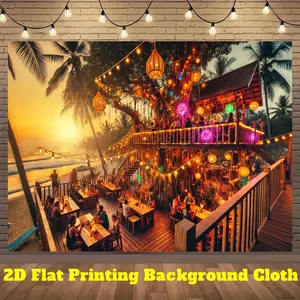 2D Flat, 1pc Tropical Beach Dinner Party Backdrop - Coconut Grove Restaurant Scene with String Lights - Realistic Tropical Sunset Photography Background for Wedding, Birthday, Photo Studio - Indoor/Outdoor Decoration - Easy Hang No Electricity Needed -