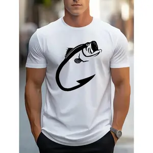 Men’s Fishing Graphic T-Shirt with Fish and Hook Silhouette Design, Casual Short Sleeve Crew Neck Angler Style Tee, Comfortable Lightweight Everyday Streetwear for Outdoor Trips, Lake Days, Travel and Gift for Fishing Lovers