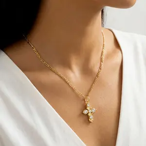 ALEXCRAFT 14K Gold-Plated Copper Cross Pendant Necklace, featuring Zircon Inlay Craftsmanship—A Stylish and Exquisite Piece of Women's Jewelry. An Ideal Gift for Mother's Day or Birthdays.