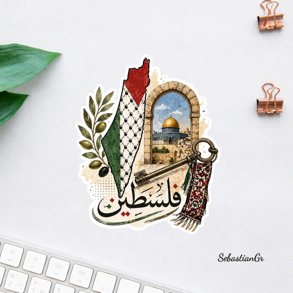 Palestine Key & Dome Sticker, Falasteen Arabic Calligraphy Decal, Olive Branch Keffiyeh Vinyl Laptop Water Bottle Sticker