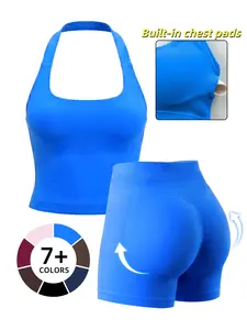 Seamless Workout Sets for Women, Halter Tank Top & High Waist Scrunched Gym Shorts, Buttery Soft Breathable Quick Drying Outfits for Yoga Gym Workout Running, Ladies Summer Sportswear