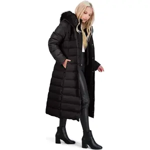 Tahari Womens Puffer Maxi Winter Coat with Removable Faux Fur Trim