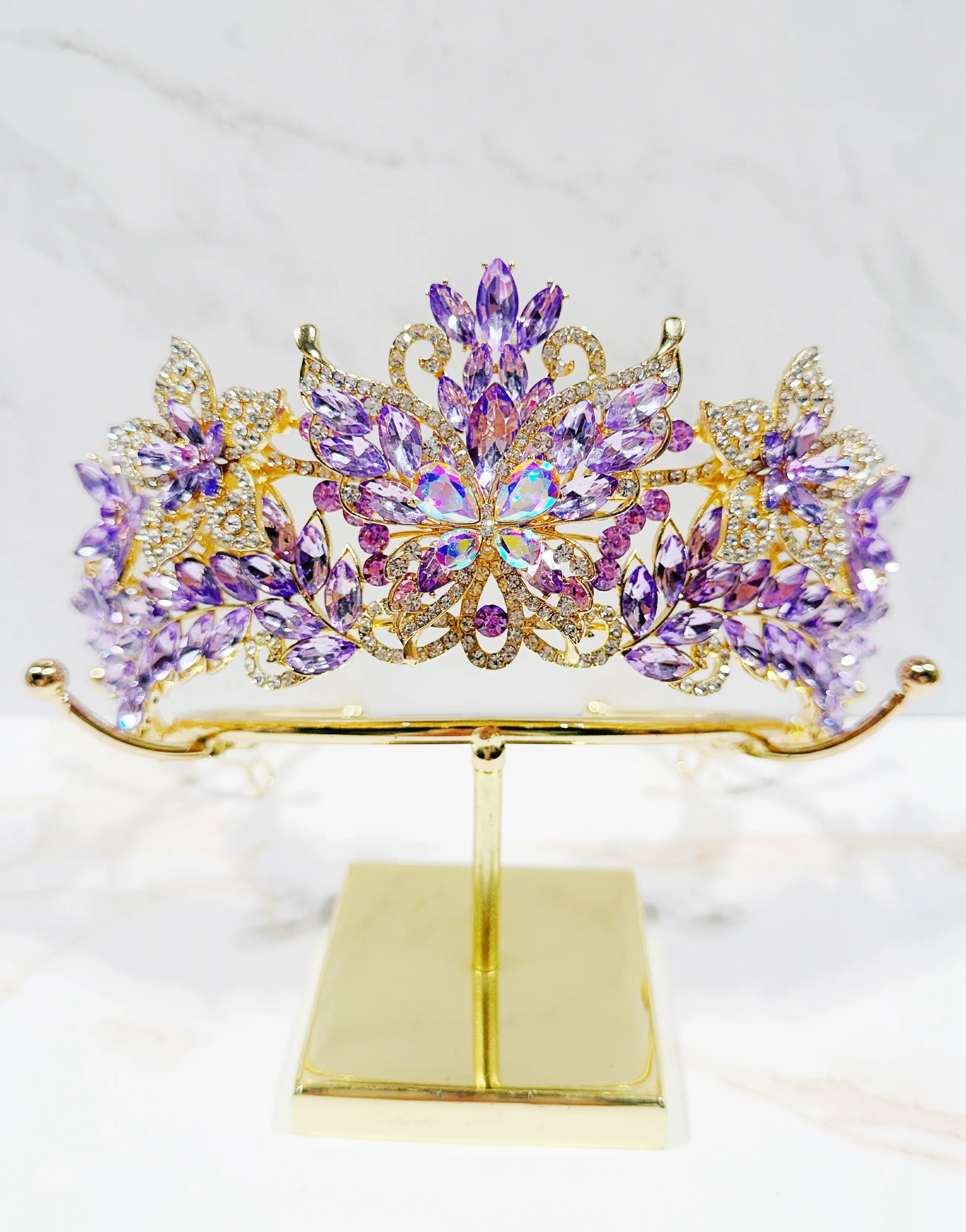 Glamorous Butterfly Crown for Women, Gold-Tone Metal Headpiece with Purple Crystals and Intricate Flowers, Open Back for a Secure Fit, Female