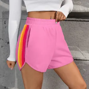 Candy Color Block Striped Active Shorts, Elastic High Waist Relaxed Fit For Women, Soft Stretch Casual Bottoms For Sports Daily Gym Street Wear SummerVibes