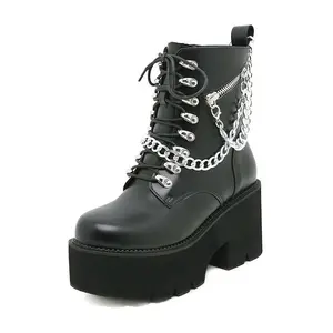 Gothic Platform Boots for Women Chunky Heeled Combat Punk Lace-Up Round Toe Ankle Booties with Ergonomic Heel and Chain Detail Fall Winter Footwear