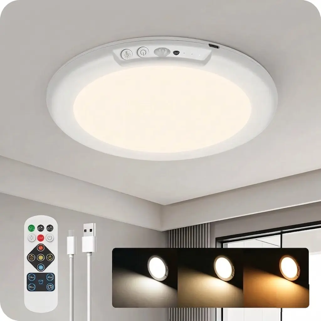 Round Ceiling Light, 4000/8000mAh USB Rechargeable Motion Sensor Light with Remote Control, Dimmable Led Ceiling Lights for Closet Shower Ceiling Staircase Shed Storage Room, Led Mood Light