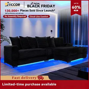 [New Year Special Discount]  Niccae 110" Corduroy Tufted L-Shaped Sleeper Sectional Sofa with LED Base, Adjustable Footrests & 8 Pillows for Small Apartments, Living Rooms & Bedrooms