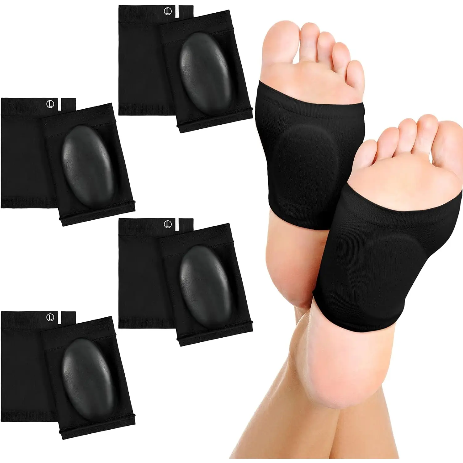 Nuanchu 4 Pairs Compression Arch Support Sleeves with Gel Pad Inside Metatarsal Compression Arch Support Brace Cushioned Gel Foot Sleeves for Women Men Flat Foot Pain Relief (Black)