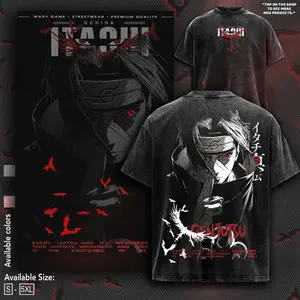Retro Limited Uchihaa Itachii Clan x Akatsuki x Naruto Vintage Rogue Ninja Crow Graphic T-Shirt, Washed Oversized Dark Anime Streetwear, Red Moon Sharingan Inspired Tee, Gift for Otaku