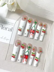10Pcs Handmade Reusable Long Square White Red Cherry French Acrylic Nail Set, Glossy Cute Look DIY Kit with Stickers Gems, Premium Supplies for Women’s Parties (Nail Art Decoration & Accessories)