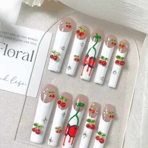 Women’s 10Pcs Handmade Reusable Press On French Tip Acrylic Nail Extensions Set - Long Square White Red Cherry Glossy DIY Kit with Stickers, Gems, Premium Decorations, Box, Nail Supplies for Parties