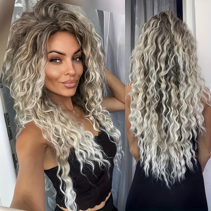 28 Inch Dark Root Silvery Grey Ombre Water Wave Wig for & All Skin Tones, Long Curly Synthetic Hair Wig, Heat Resistant, Soft & Full, Natural Looking Full Wig for Daily Wear, Party & Cosplay