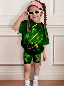 Gold Gem Four-Leaf Clover Kids Set, Summer Girls Short Sleeve Top & Tight Pants, Casual Two-Piece, Random Print