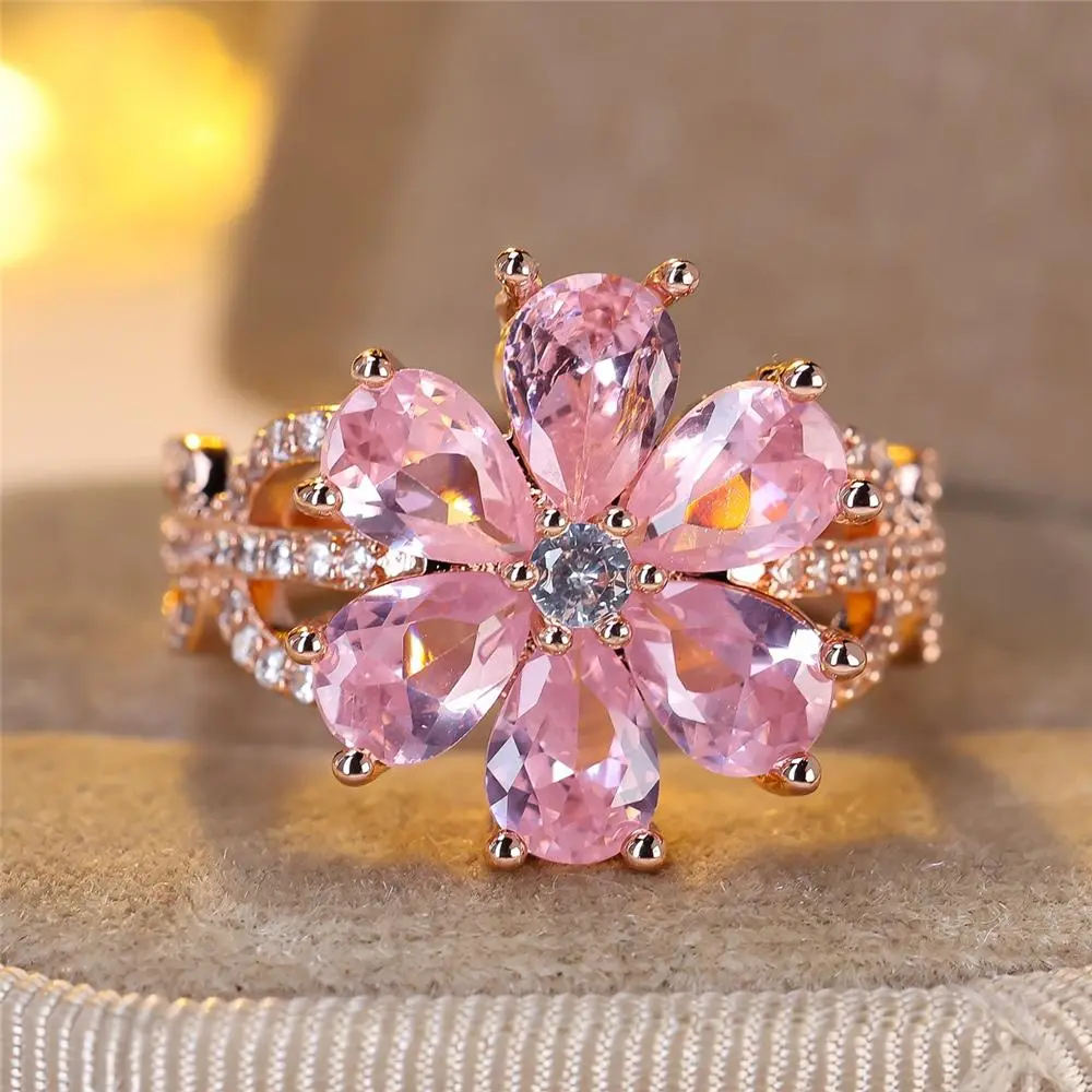 Vintage Female Pink Crystal Jewelry Cute Rose Gold Color Wedding Flower Rings For Women Luxury Engagement Valentines Day Gift