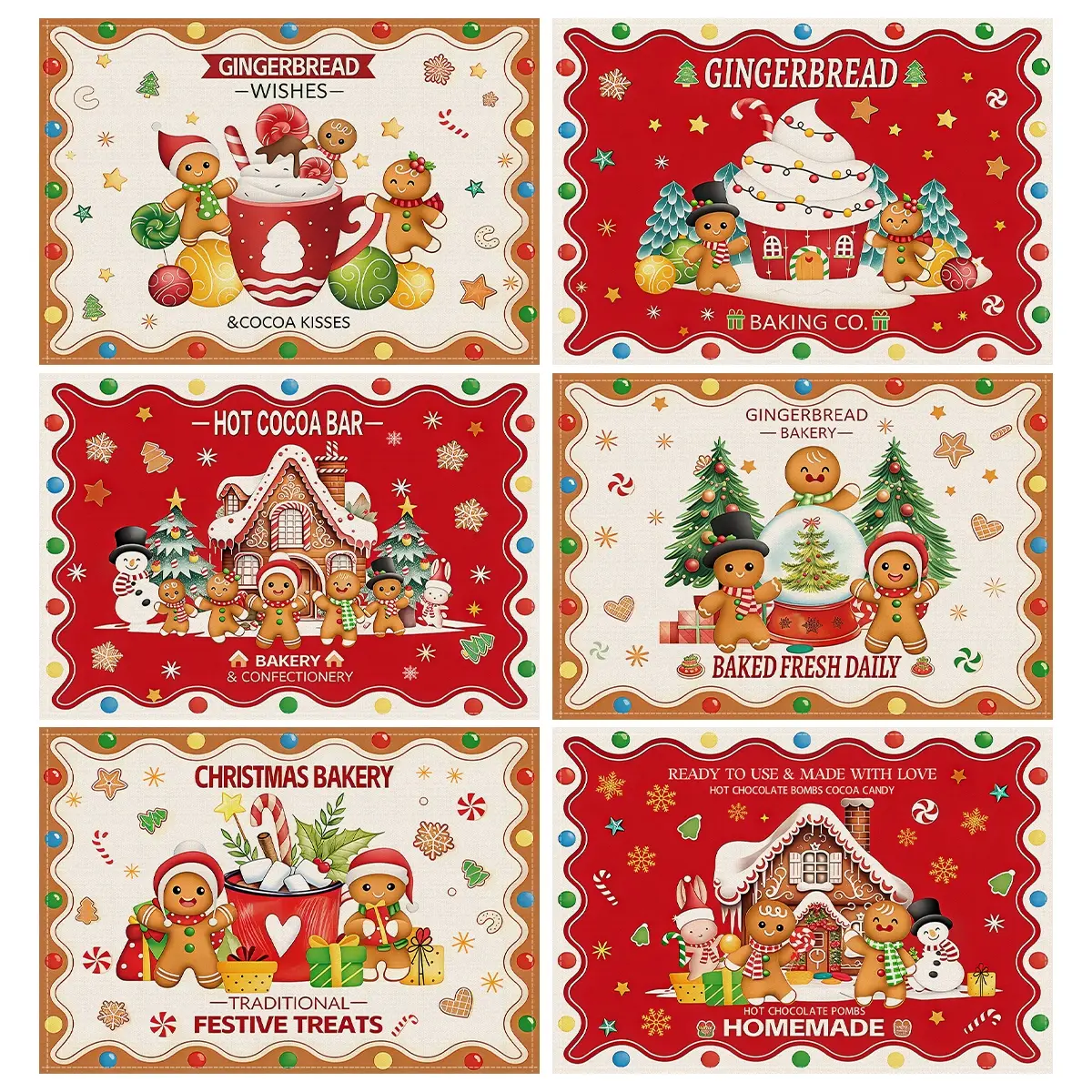 4/6pcs Christmas placemats, gingerbread man gingerbread house hot cocoa design, Christmas party table decoration placemat, Christmas tree Christmas snowball snowman pattern, table anti slip insulation mat, home decoration, gifts, Christmas decorations
