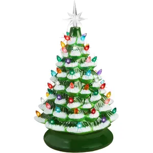 Best Choice Products 15in Ceramic Christmas Tree, Pre-lit Hand-Painted Tabletop Holiday Tree, 2 Star Toppers, 64 Lights - Flocked w/Multicolored Bulbs