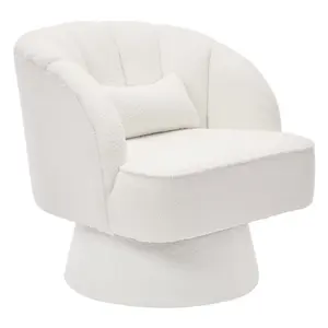Garvee Modern Swivel Barrel Accent Chair, 360° Teddy Fabric Upholstered Armchair with Striped Backrest & Plush Padding, Comfy Round Lounge Chair for Living Room, Bedroom, Reading Nook, Beige